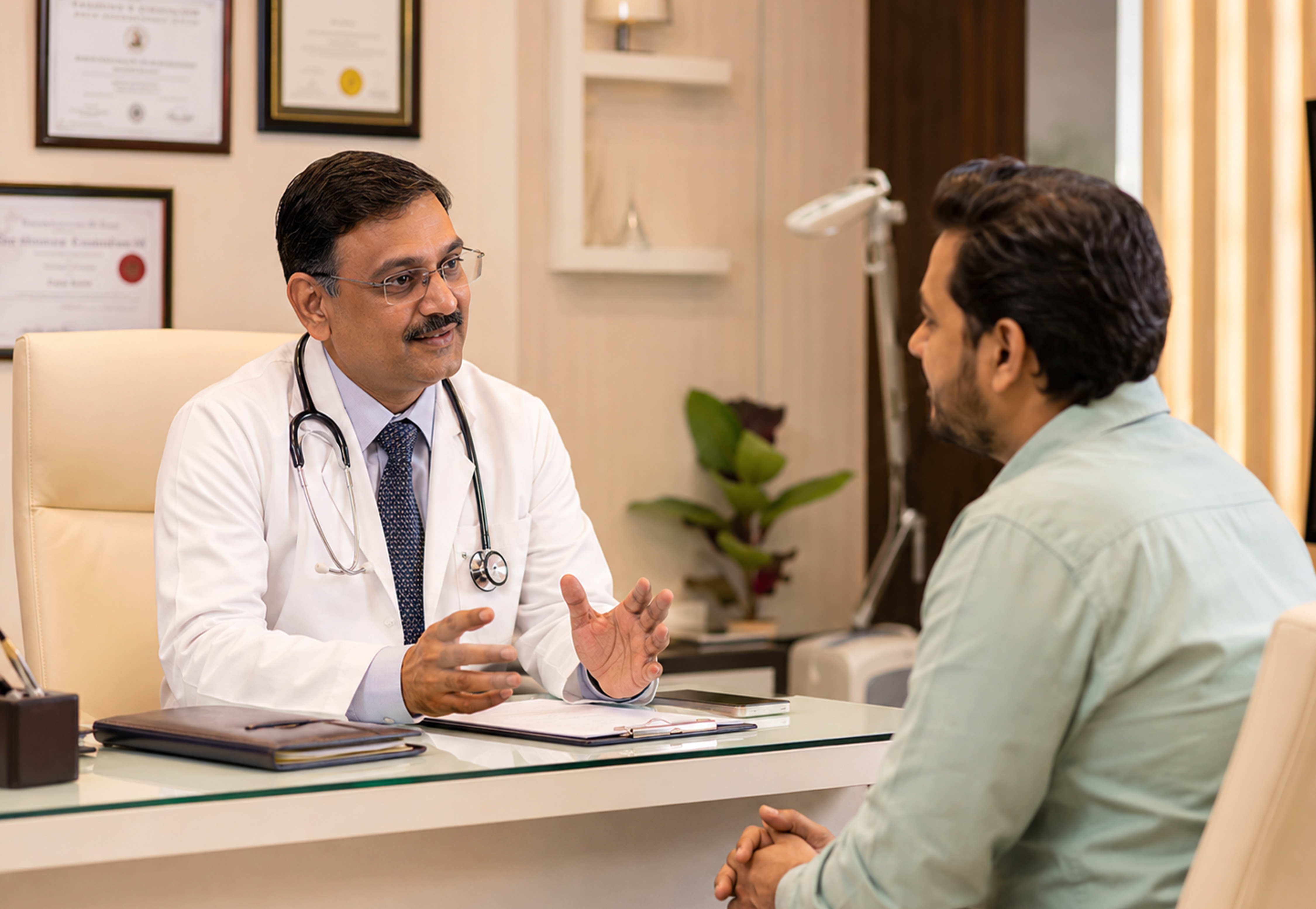 A doctor wearing a white coat and stethoscope sits across from a patient in a medical office, gesturing while explaining something during a consultation. Framed certificates hang on the wall behind the doctor.